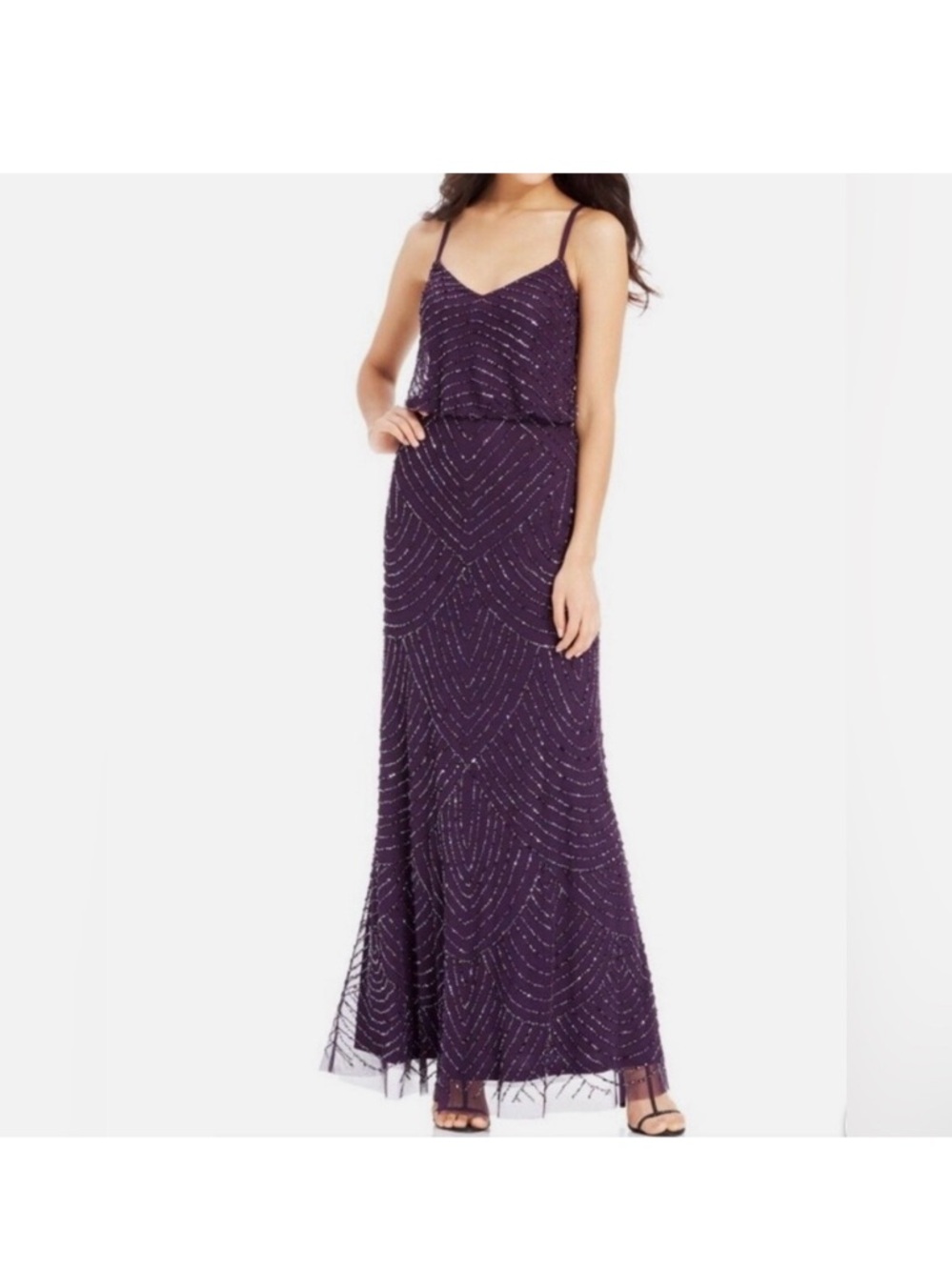 Adrianna Papell Plum Beaded Gown SZ 2 NWT Formal GALA Art Deco Evening MOB Party - Picture 5 of 12